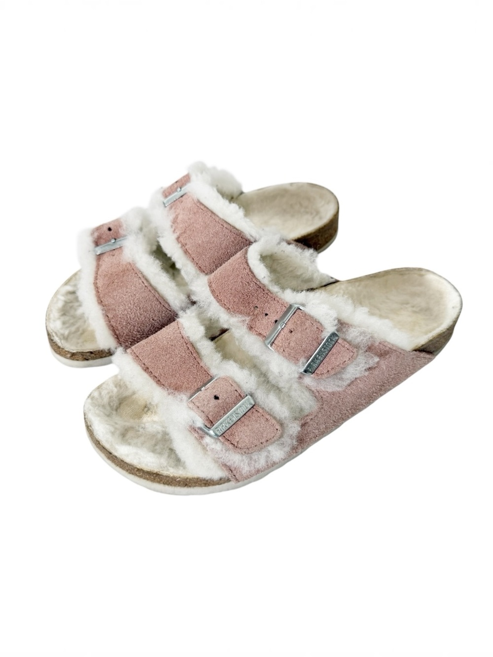 Birkenstock Arizona Shearling Pink Suede Two Strap Slide Sandals‎ Womens Size 5